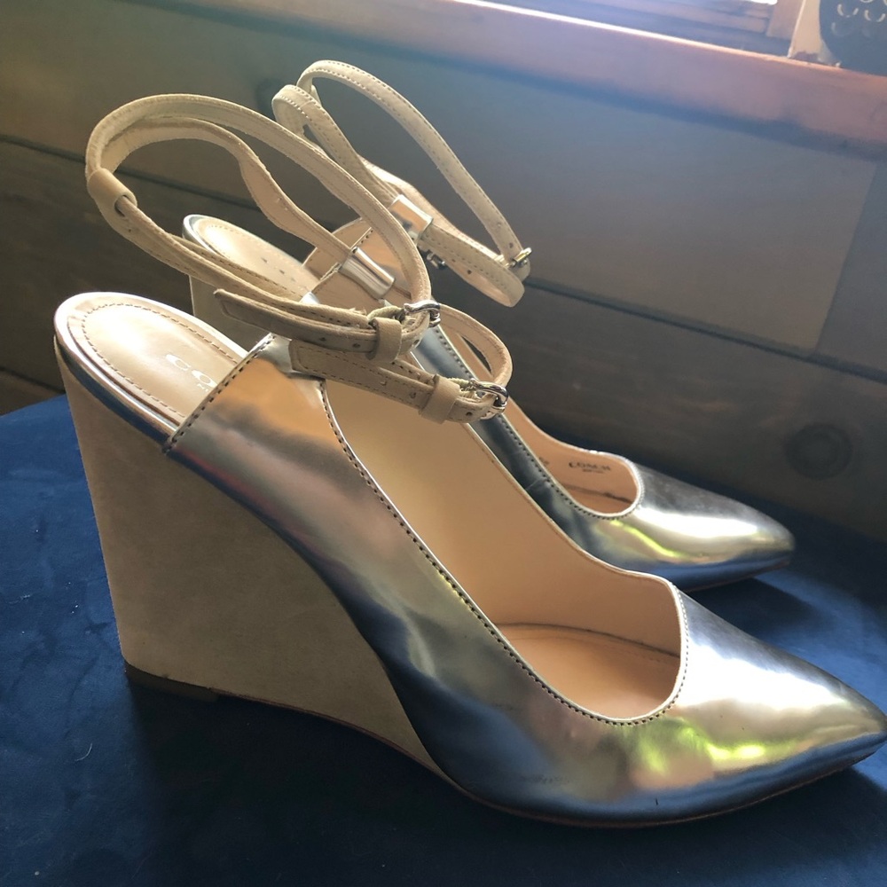 Coach Silver and Tan Wedge Sandals